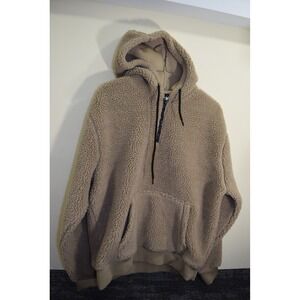 Forever 21 Hoodie Mens M Beige Sherpa Fleece 1/2 Zip Pullover Cozycore Cabincore